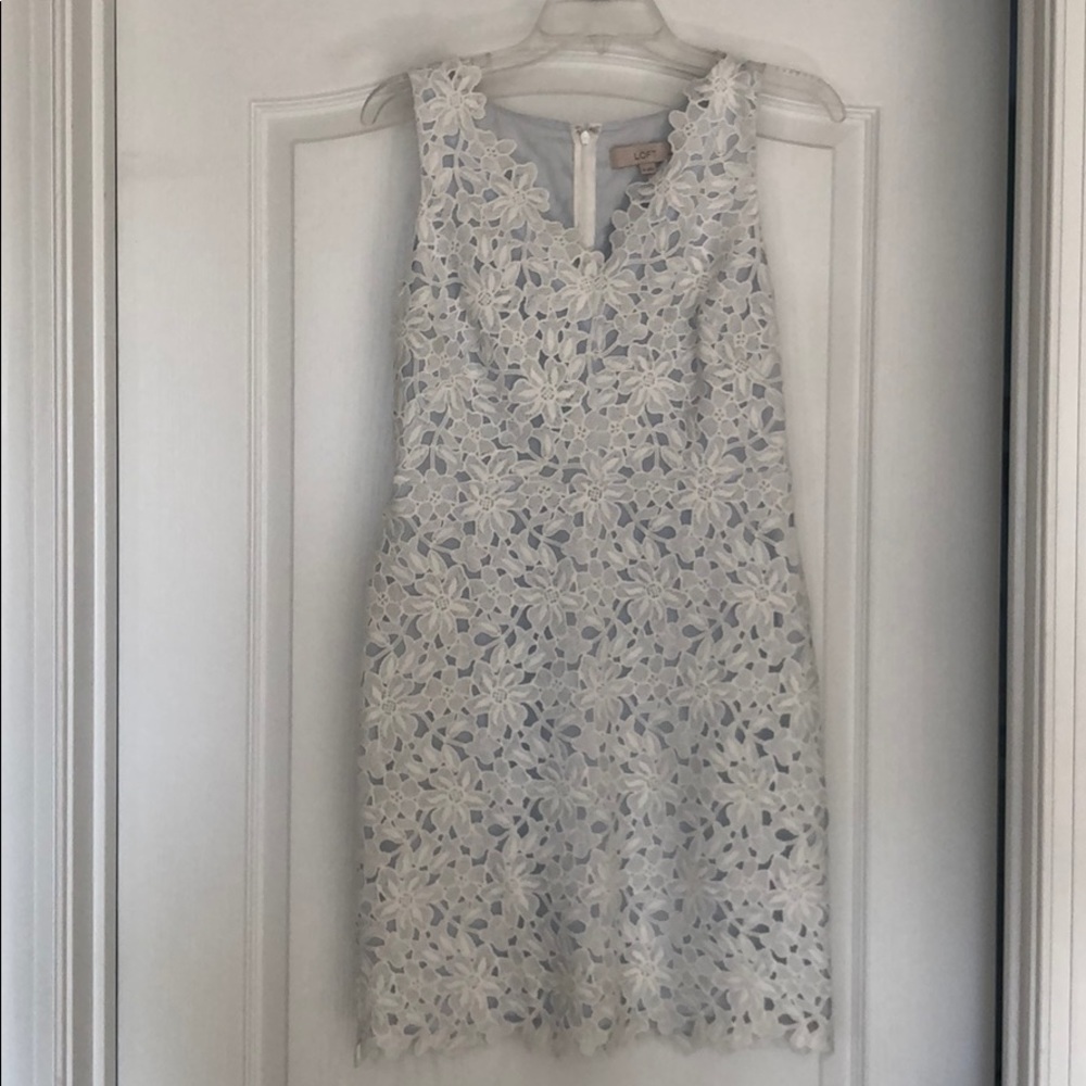LOFT White Lace Dress with Blue lining.